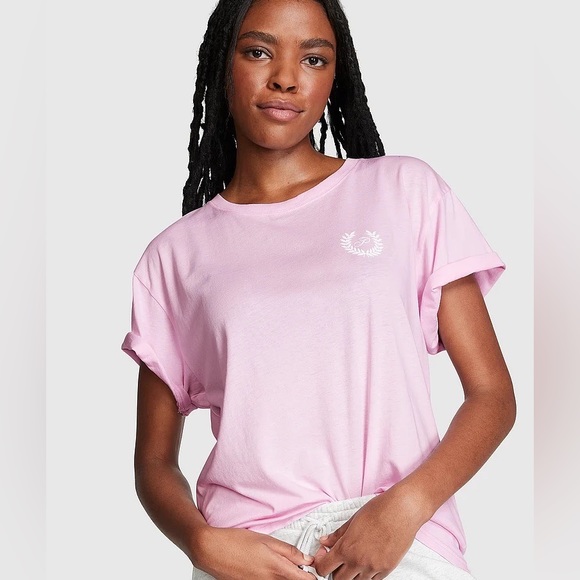 Victoria's Secret PINK Campus Short Sleeve Tee Baby Pink Medium NEW - Picture 1 of 4